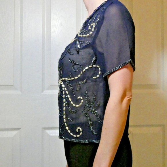 Navy Chiffon Blouse Beaded Top Sheer Dinner Dance Cocktail Party UK 10 = US 6 - Picture 5 of 9